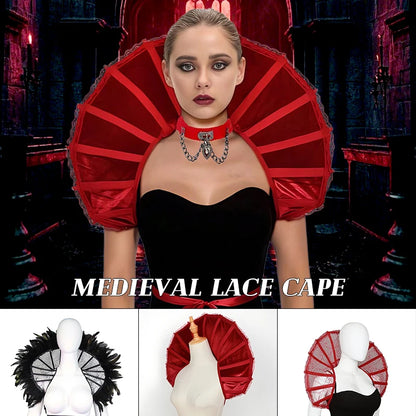 Gothic renaissance stand cloak collar costume featuring bold red lace and dramatic design for theatrical looks