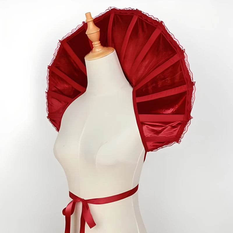 EtherealBe Gothic renaissance stand cloak collar costume in red with elegant pleats and lace trim