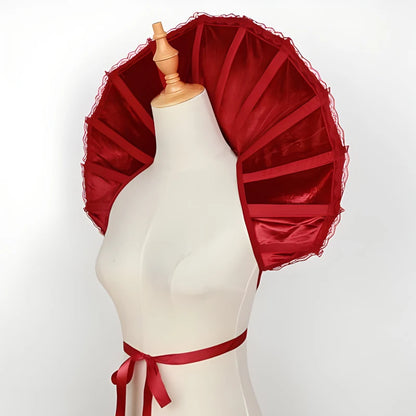 EtherealBe Gothic renaissance stand cloak collar costume in red with elegant pleats and lace trim