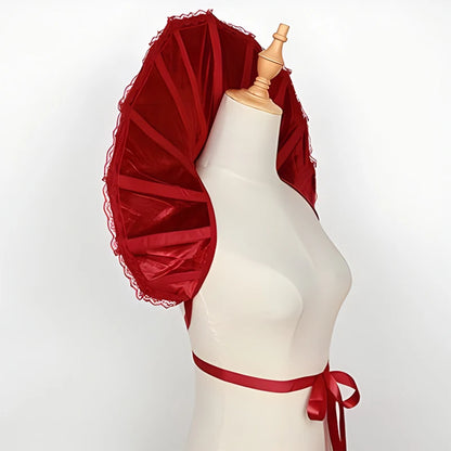 EtherealBe Gothic renaissance stand cloak collar costume in vibrant red with lace trim and adjustable ribbon