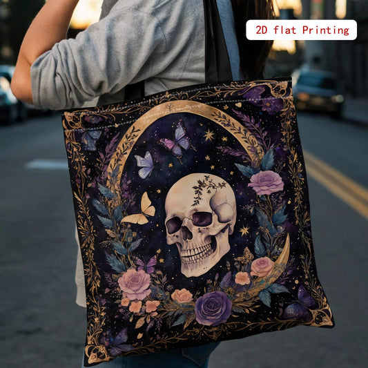 Gothic skull tote bag featuring a colorful floral design with butterflies and stars