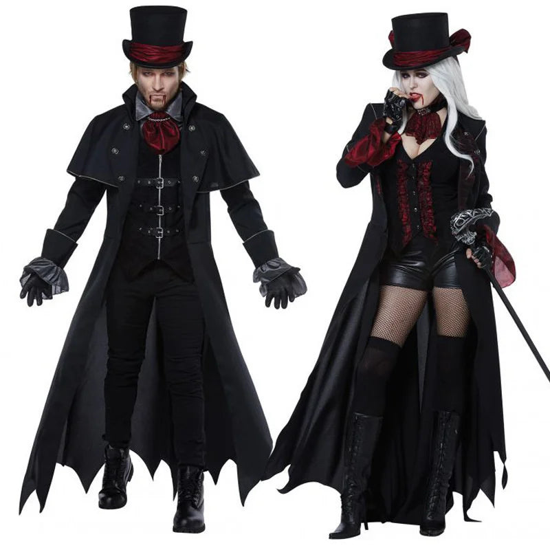 Gothic vampire couple Halloween costume featuring elegant coats and stylish accessories