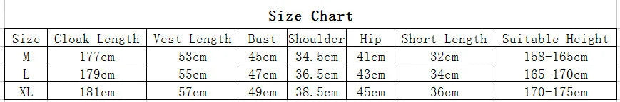 Gothic vampire couple Halloween costume size chart with cloak and vest measurements