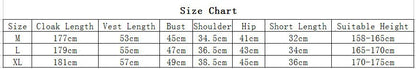 Gothic vampire couple Halloween costume size chart with cloak and vest measurements