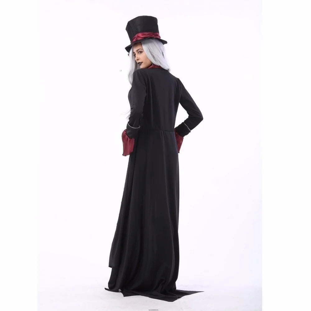 Gothic vampire couple Halloween costume featuring a long black dress and stylish top hat