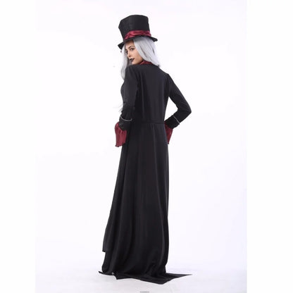 Gothic vampire couple Halloween costume featuring a long black dress and stylish top hat