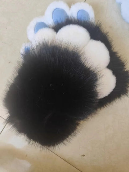 EtherealBe Halloween faux fur cat claw mittens with black fur and blue paw pads
