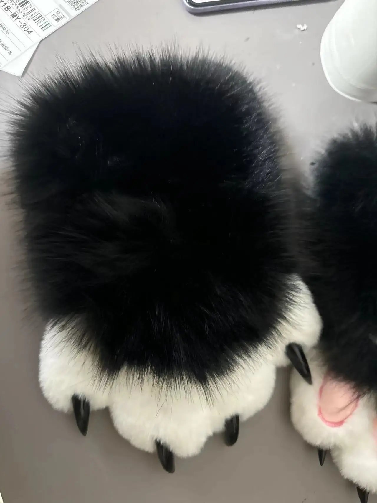 EtherealBe Halloween faux fur cat claw mittens with black and white soft texture for festive costumes