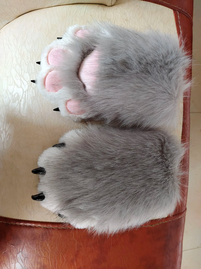 Halloween faux fur cat claw mittens in gray with black claws and pink paw pads for festive costumes