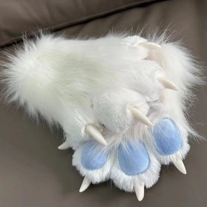 EtherealBe Halloween faux fur cat claw mittens with soft white fur and plastic claws for costume fun