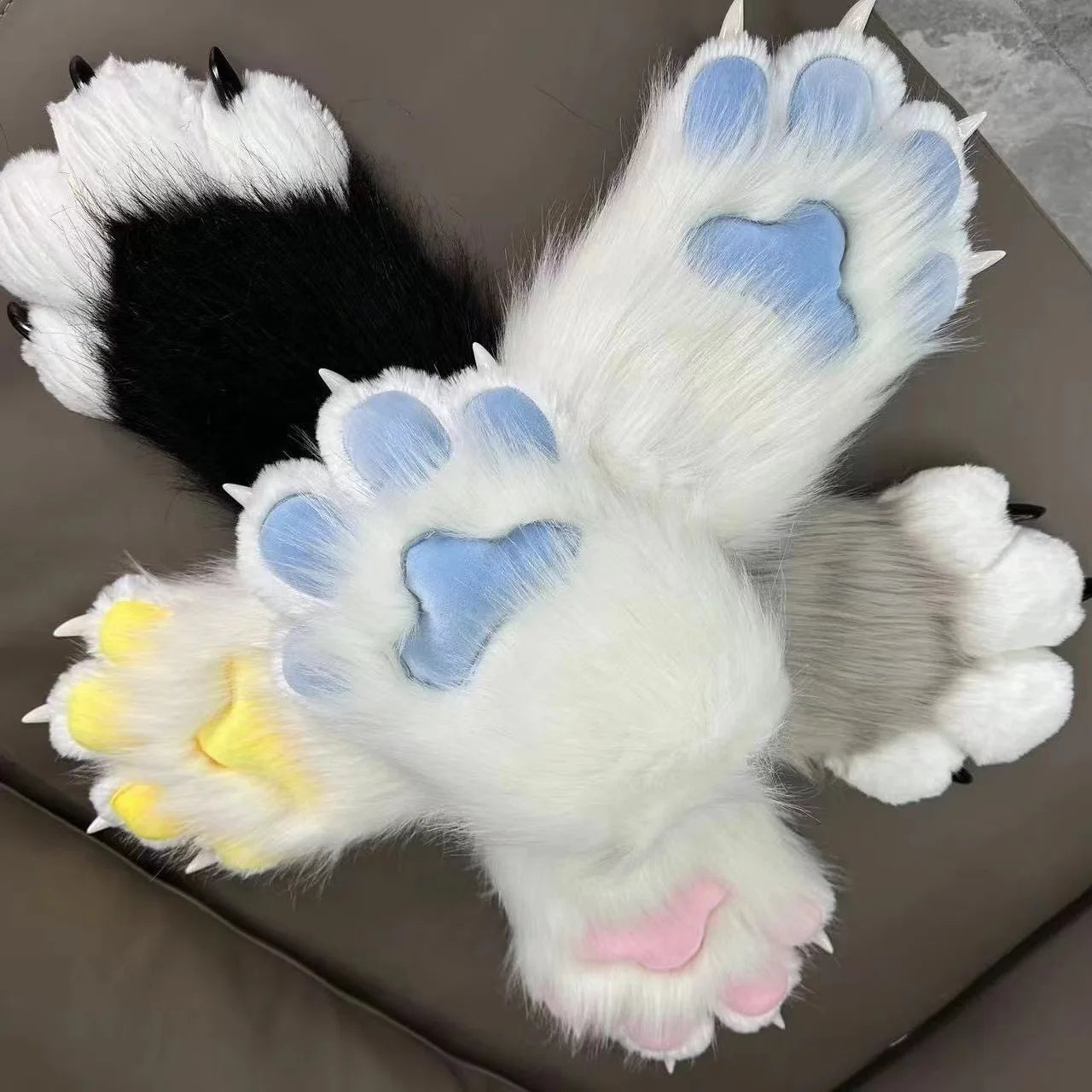 EtherealBe Halloween faux fur cat claw mittens in multi-colored designs for a fun costume accessory