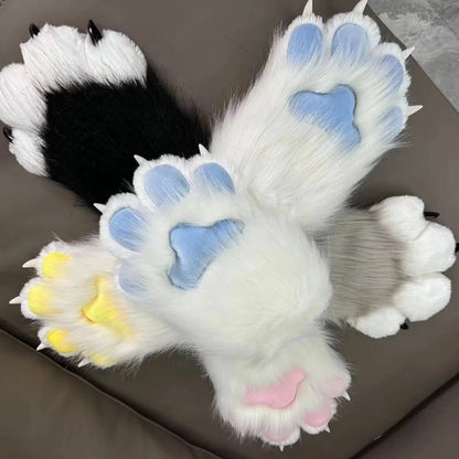EtherealBe Halloween faux fur cat claw mittens in multi-colored designs for a fun costume accessory