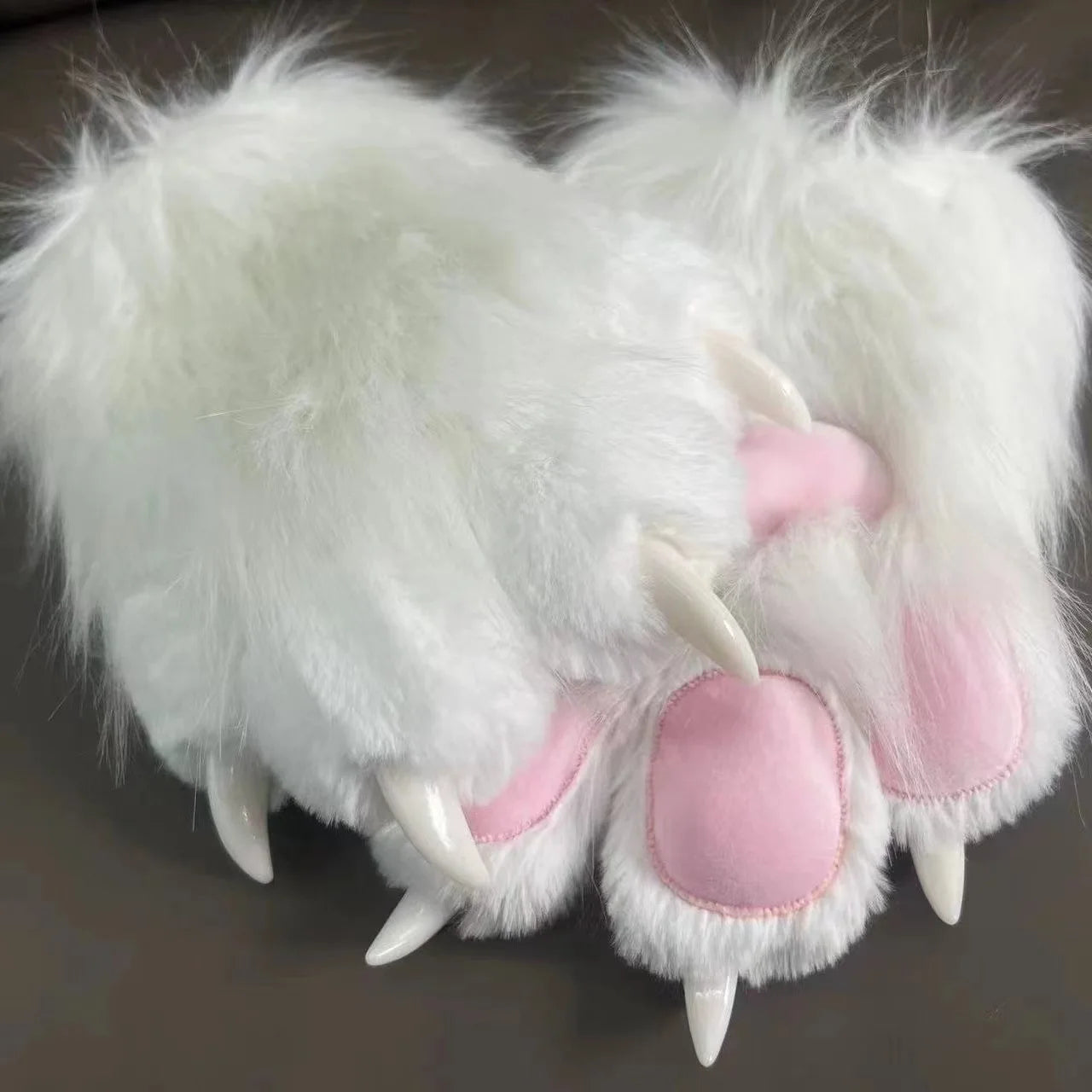 EtherealBe Halloween faux fur cat claw mittens in white with pink paw pads and faux claws