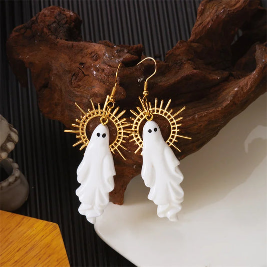 EtherealBe Halloween ghost earrings with white ghost figures and gold sunburst design