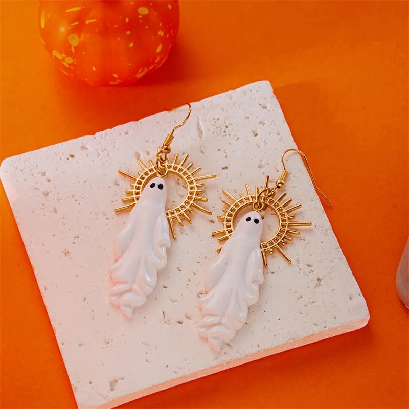 EtherealBe Halloween ghost earrings with gold sunburst design and cute ghost charms