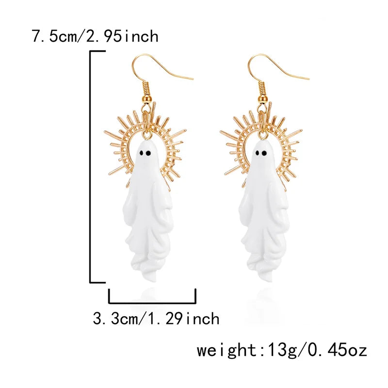 EtherealBe Halloween ghost earrings in white with gold sunburst design and lightweight feel