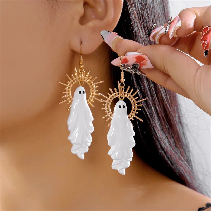 EtherealBe Halloween ghost earrings in white with gold accents for a spooky chic look