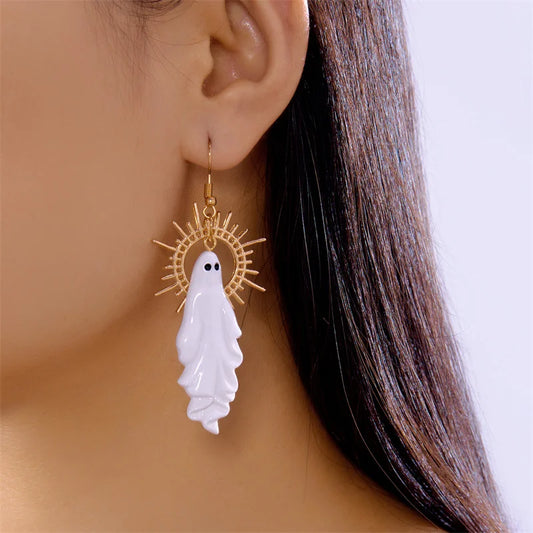 EtherealBe Halloween ghost earrings with a white ghost design and gold accents for festive style