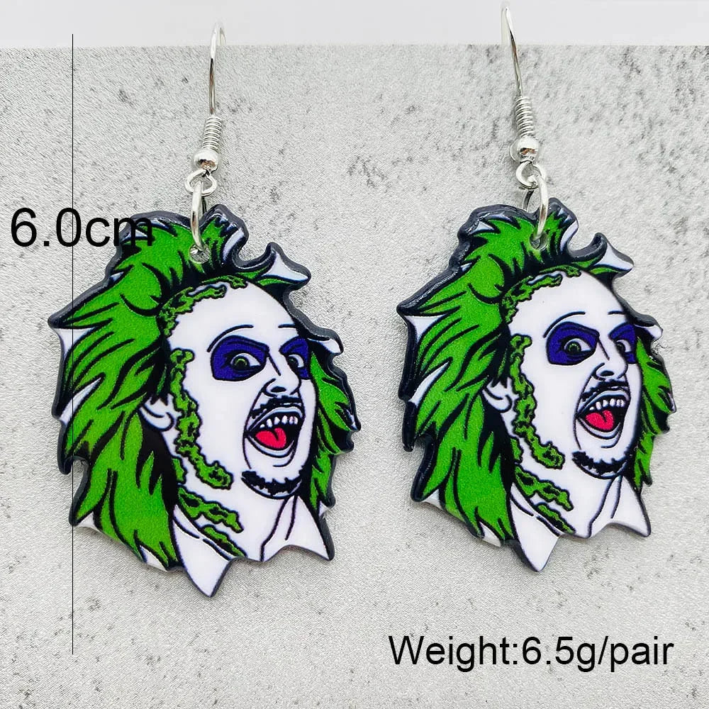 EtherealBe Halloween horror earrings featuring a vibrant character design with green hair and spooky expression