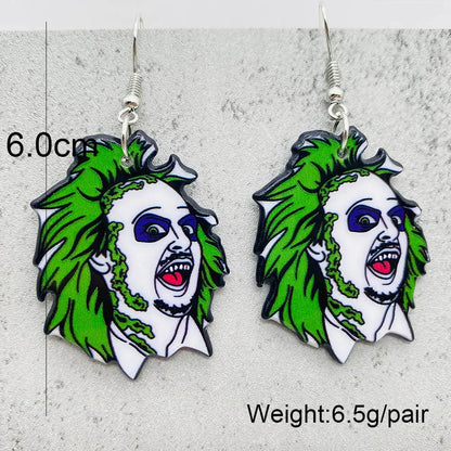 EtherealBe Halloween horror earrings featuring a vibrant character design with green hair and spooky expression