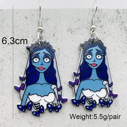 EtherealBe Halloween horror earrings featuring a spooky blue bride design with butterflies