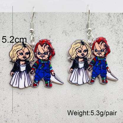 EtherealBe Halloween horror earrings featuring iconic couple Chucky and Tiffany in cartoon style