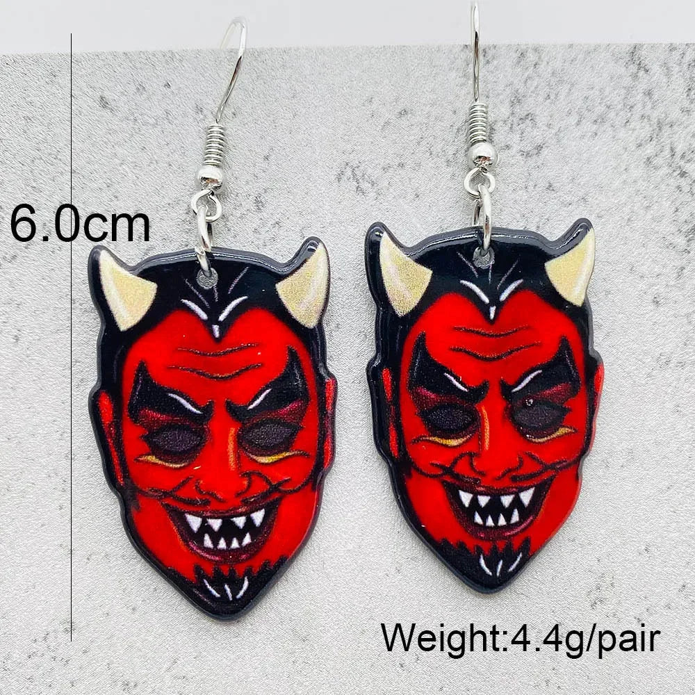 EtherealBe Halloween Horror Earrings featuring devil face design with red and black colors
