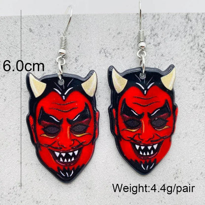 EtherealBe Halloween Horror Earrings featuring devil face design with red and black colors