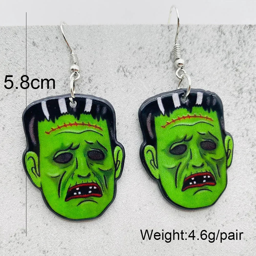 EtherealBe Halloween horror earrings with green Frankenstein design and silver hooks