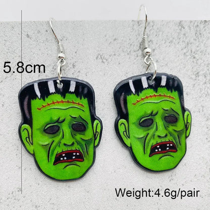 EtherealBe Halloween horror earrings with green Frankenstein design and silver hooks
