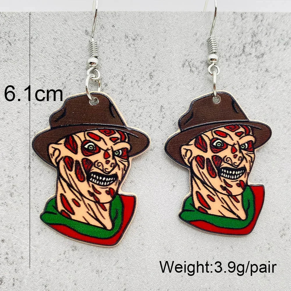 EtherealBe Halloween horror earrings featuring a painted Freddy Krueger design in 6.1cm size