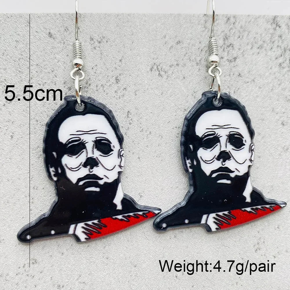 EtherealBe Halloween horror earrings featuring a classic masked character with a knife design