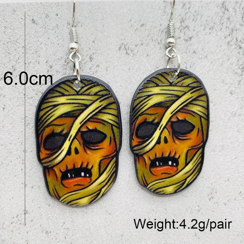 EtherealBe Halloween horror earrings featuring vibrant skull design with mummy wrapping