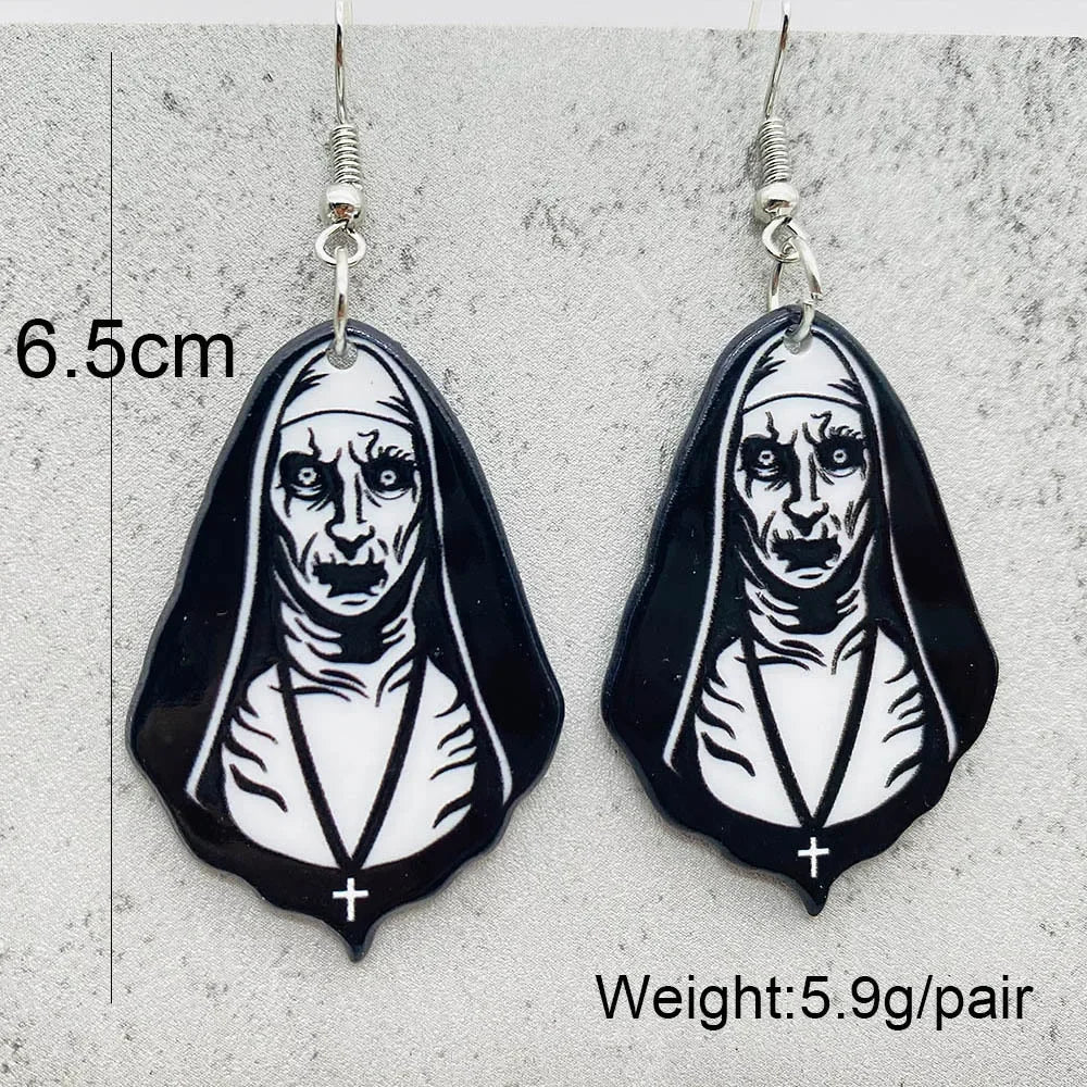 EtherealBe Halloween horror earrings featuring a spooky nun design, perfect for Halloween enthusiasts