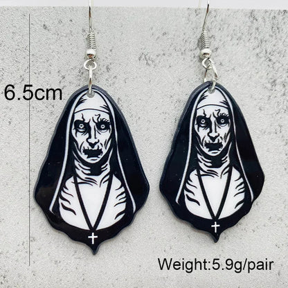 EtherealBe Halloween horror earrings featuring a spooky nun design, perfect for Halloween enthusiasts