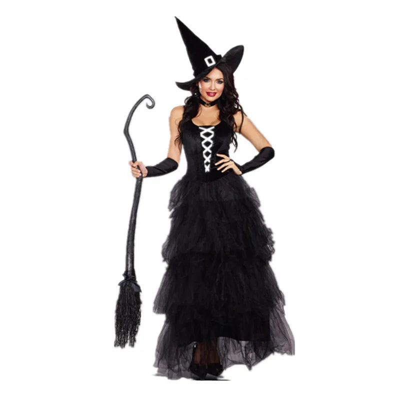 EtherealBe Halloween witch costume featuring a black layered dress and witch hat with a broomstick