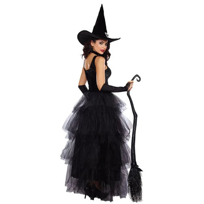 Elegant Halloween witch costume with a long black tulle skirt and pointed hat, complete with a broomstick