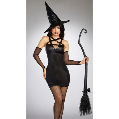EtherealBe Halloween witch costume featuring a black dress, witch hat, and broomstick accessory