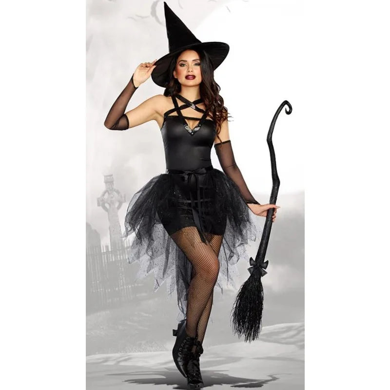 EtherealBe Halloween witch costume featuring a black dress, witch hat, and broomstick for festive celebrations