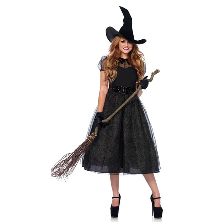 EtherealBe Halloween witch costume featuring a black dress, tall pointed hat, and broomstick accessory