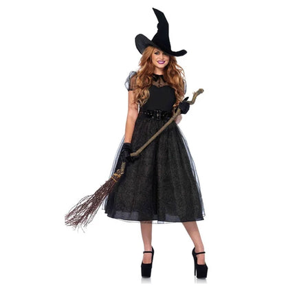 EtherealBe Halloween witch costume featuring a black dress, tall pointed hat, and broomstick accessory