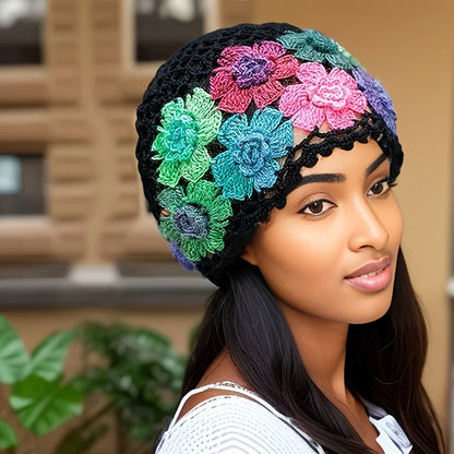 EtherealBe hand-knitted bohemian style beanie with colorful floral designs for a stylish look