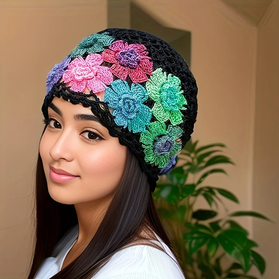 Hand-knitted bohemian style beanie with colorful floral designs for a trendy look