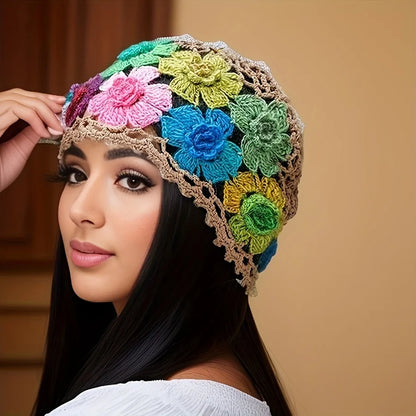 Hand-knitted bohemian style beanie featuring colorful flower designs in a unique crochet pattern