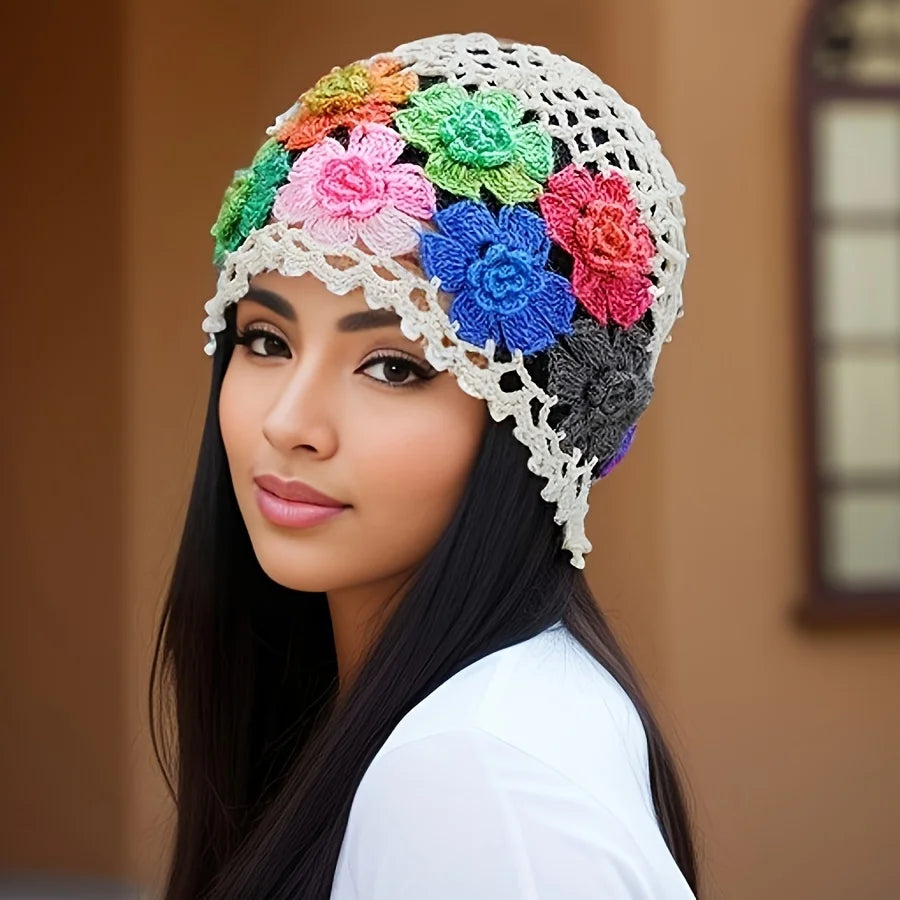 EtherealBe hand-knitted bohemian style beanie with colorful floral designs for a unique and stylish look