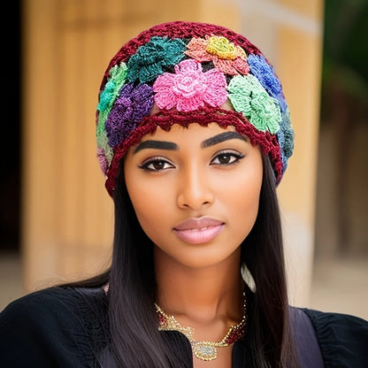 Colorful hand-knitted bohemian style beanie featuring floral patterns and vibrant colors