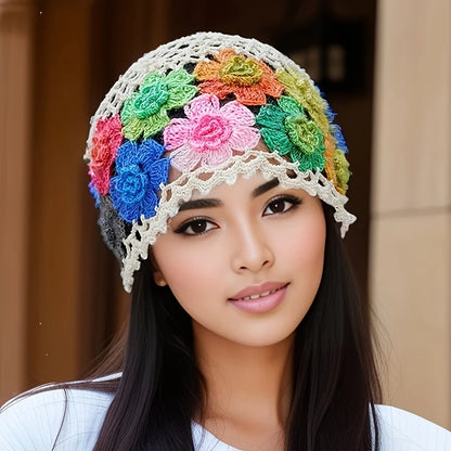Colorful hand-knitted bohemian style beanie with floral design for stylish warmth