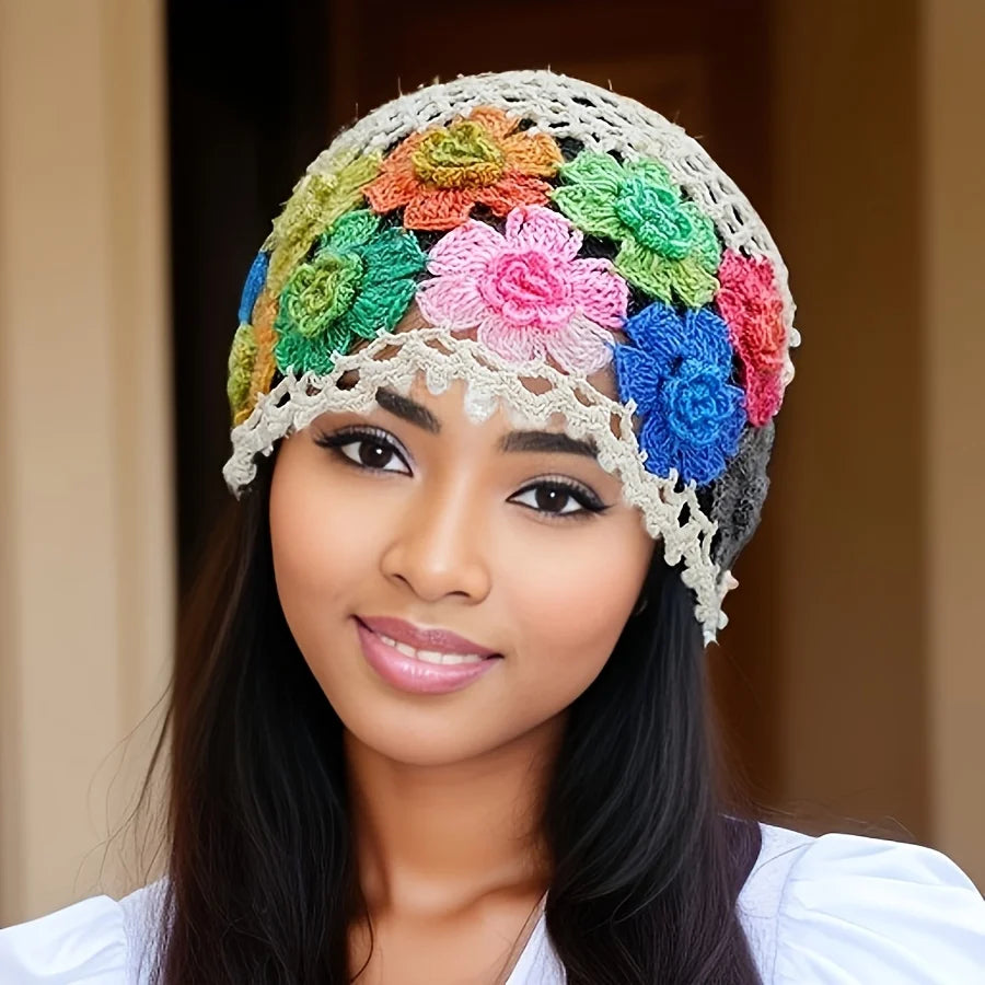 EtherealBe hand-knitted bohemian style beanie with colorful floral design and lace trim