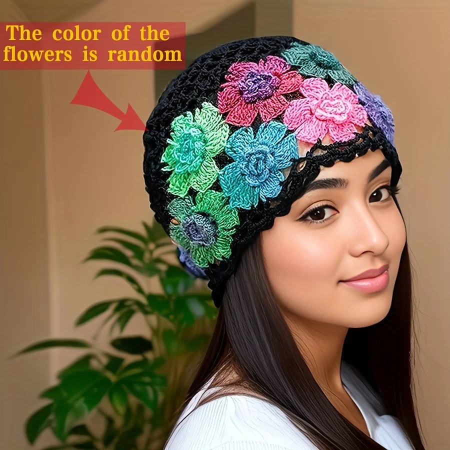 EtherealBe hand-knitted bohemian style beanie featuring colorful flower designs and a black crochet base