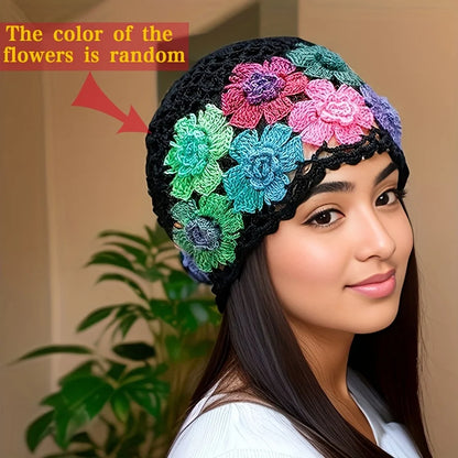 EtherealBe hand-knitted bohemian style beanie featuring colorful flower designs and a black crochet base